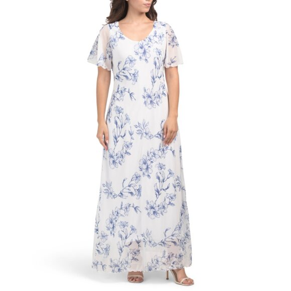 ISAAC MIZRAHI NEW YORK  Usa Flutter Sleeve Floral Chiffon Maxi Dress - Picture 1 of 2